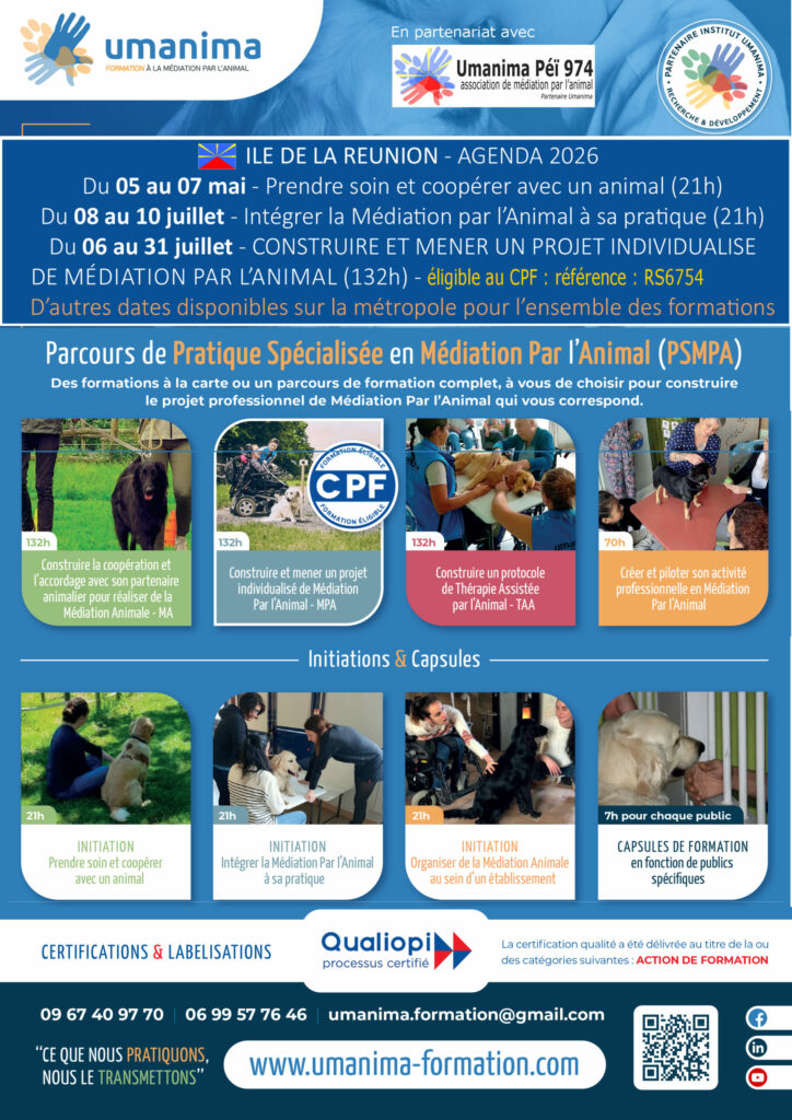 Affiche des formations à la Médiation Par l'Animal sur l'île de la Réunion en 2026 avec umanima Formation et Umanima Peï 974